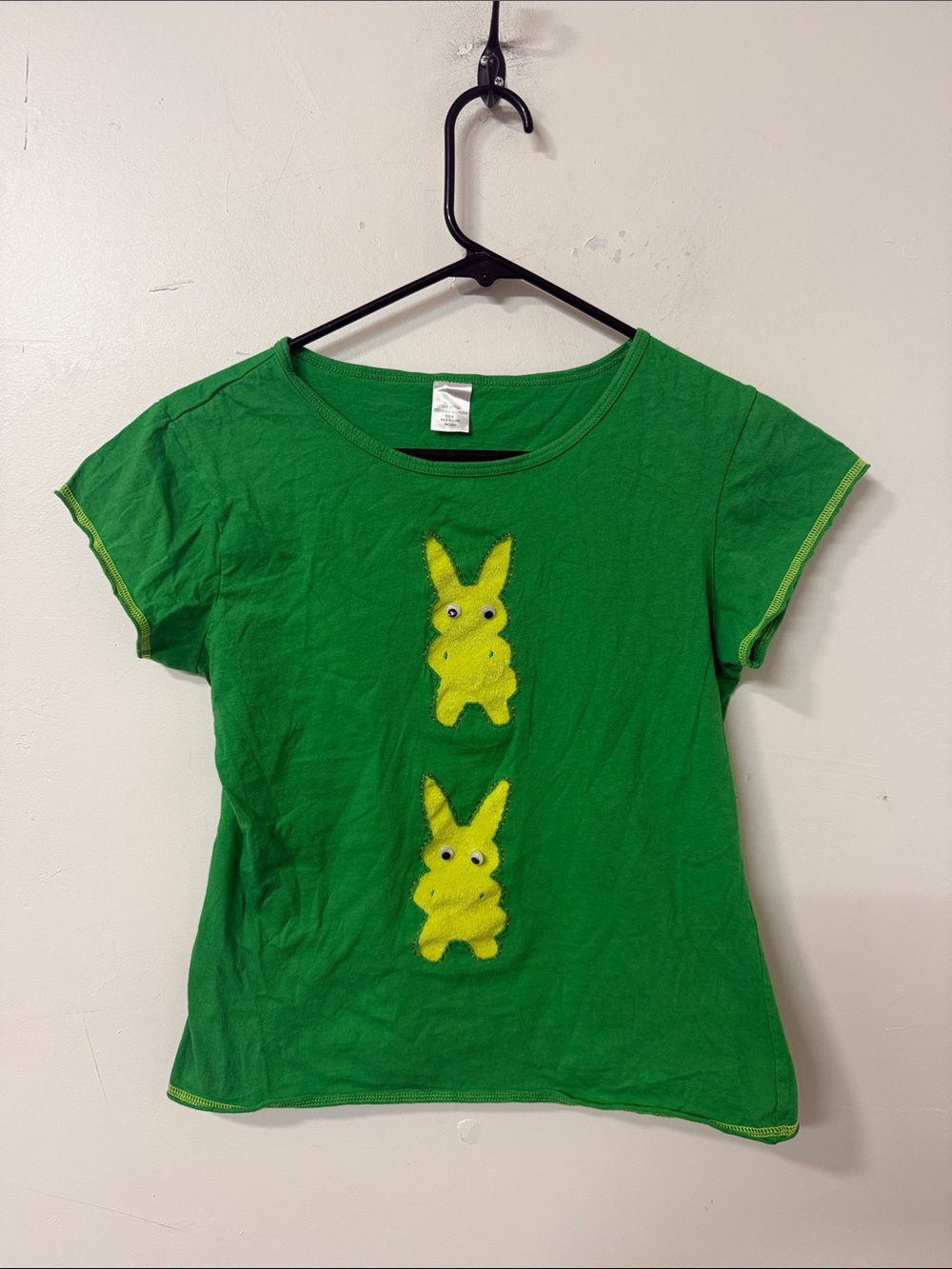 Ladies Green Short Sleeve Tee with Yellow Bunny Appliqués Y2K